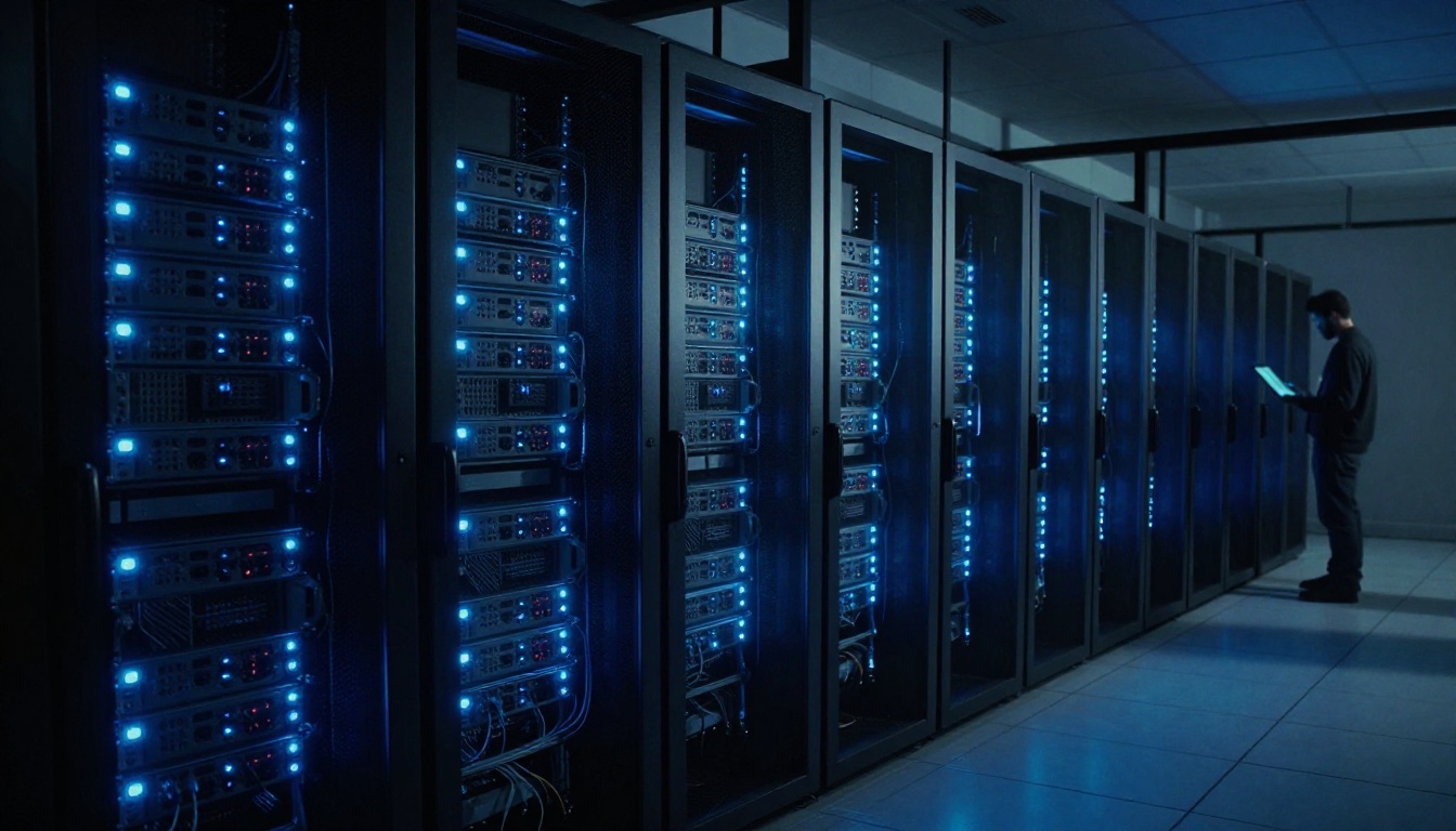 Server rack in a data center representing the AI processing infrastructure that powers image upscaling