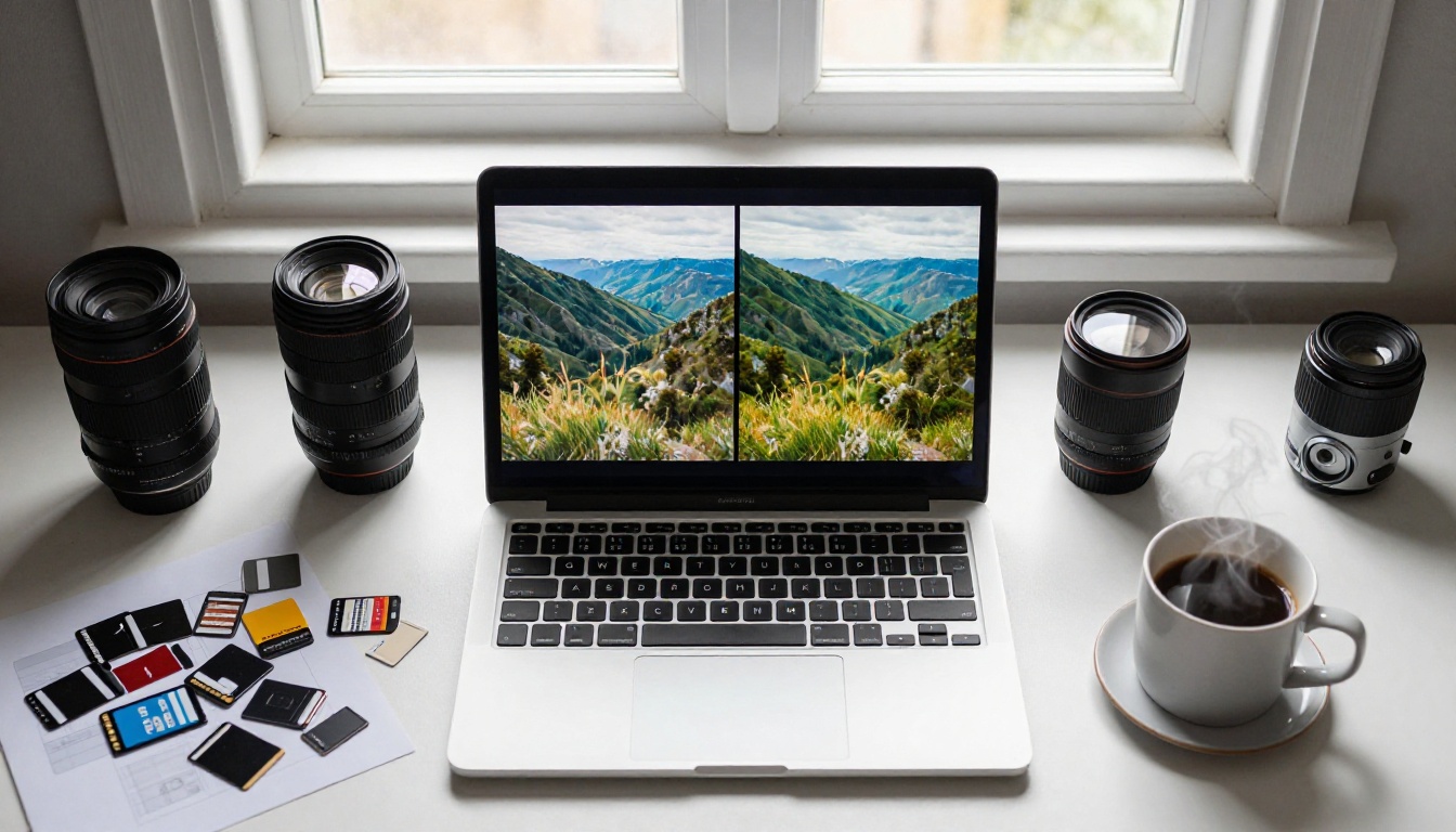 Aerial flat lay of a photographer's desk with a laptop showing before and after upscaling comparison side by side