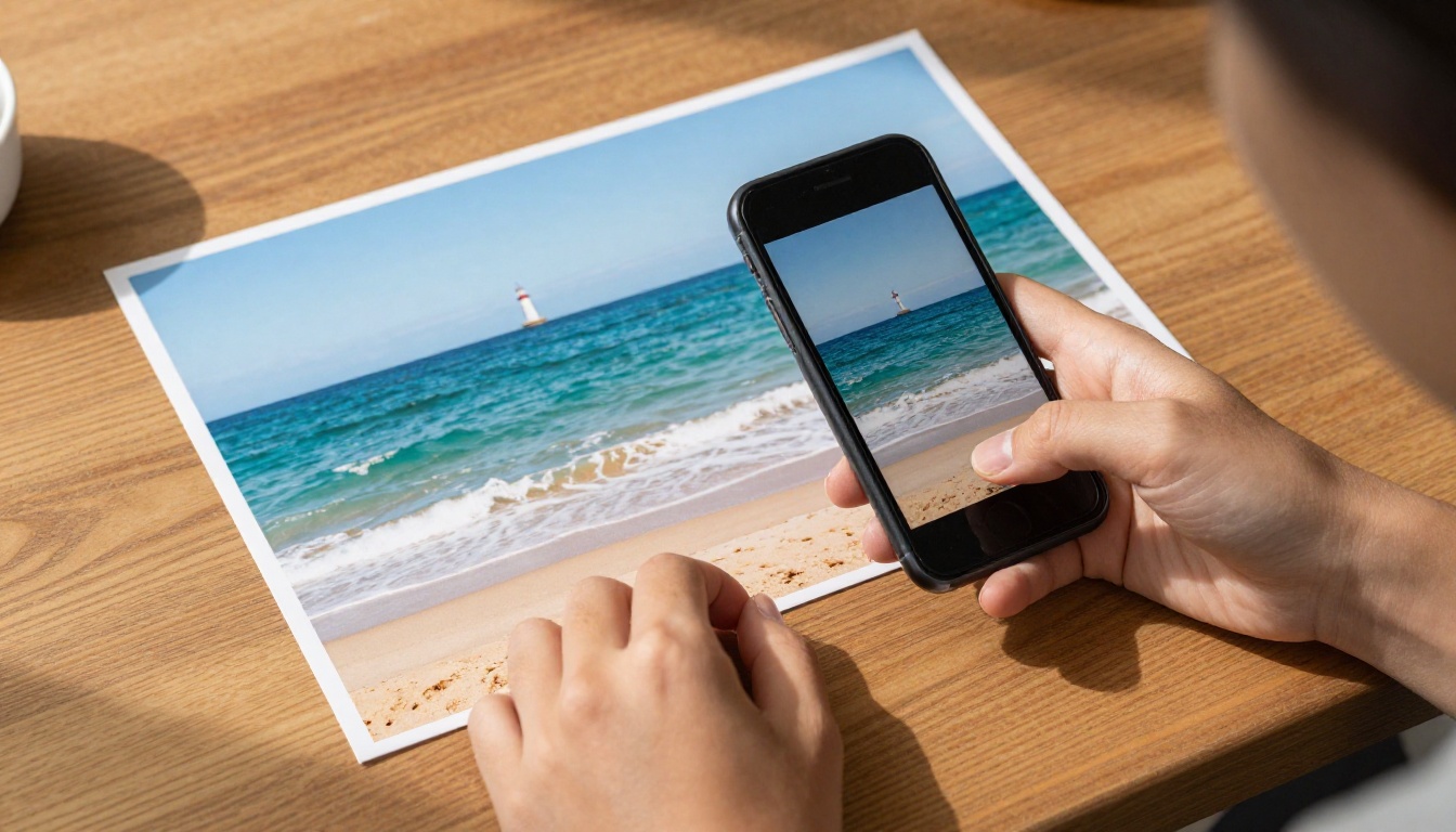 Hands holding a smartphone with a blurry beach photo beside a freshly printed AI-upscaled high-resolution version