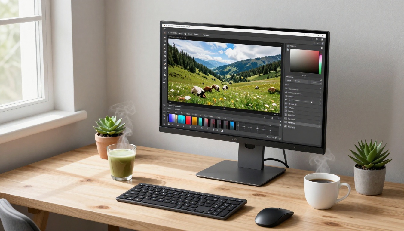 Home office desk with a 4K monitor displaying a photo editing application for AI super resolution workflows