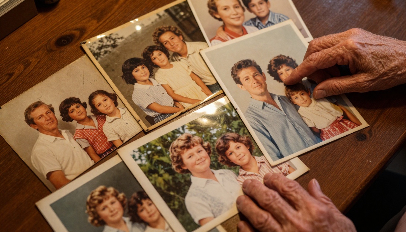 Elderly woman's hands gently touching restored vintage family photographs, showing AI upscaling applied to archival image restoration