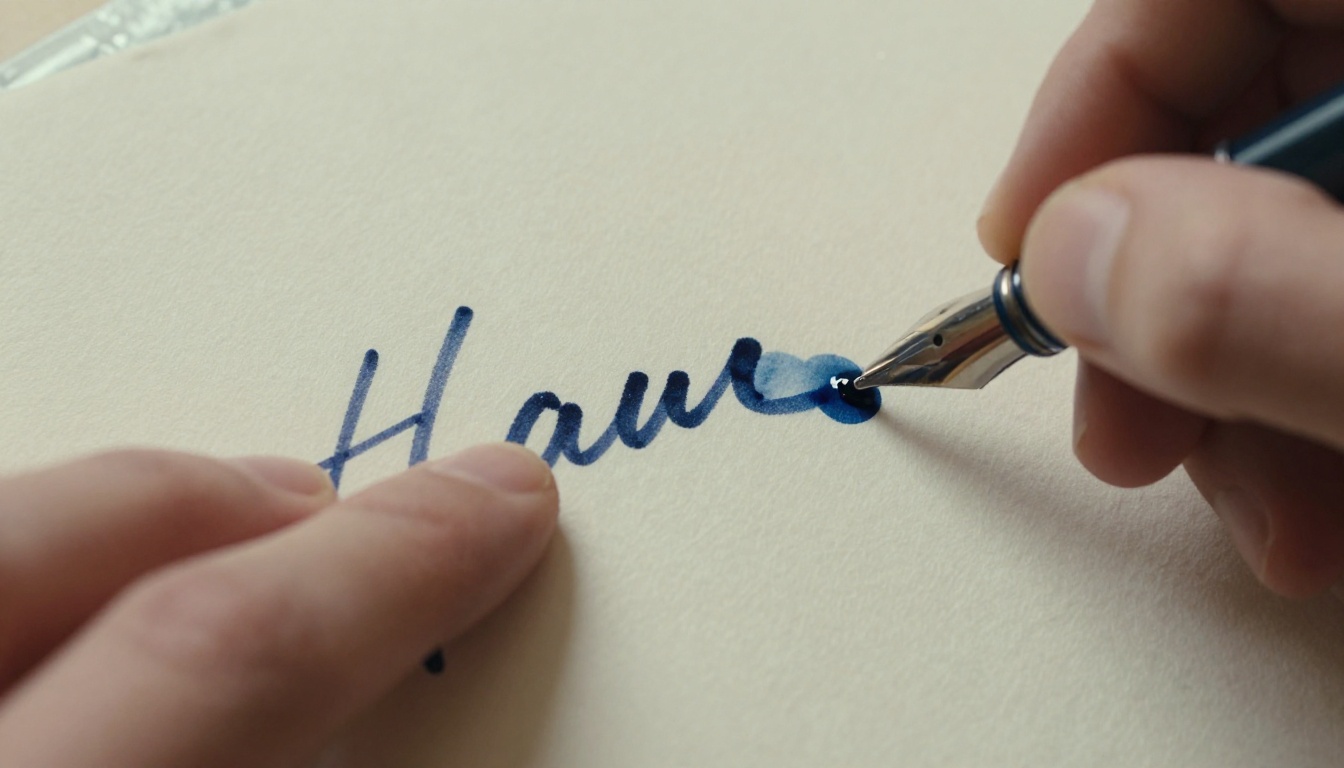 Macro close-up of fountain pen writing cursive text on cream paper