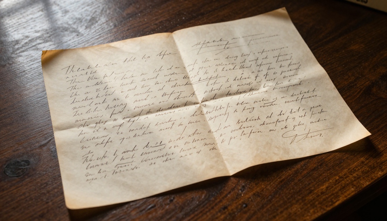 Vintage handwritten letter spread on a dark oak table under window light