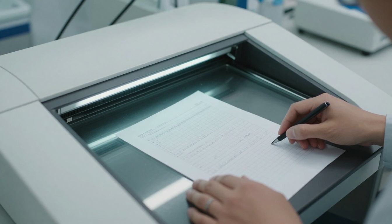 Researcher placing handwritten document under a high-resolution scanner in a lab