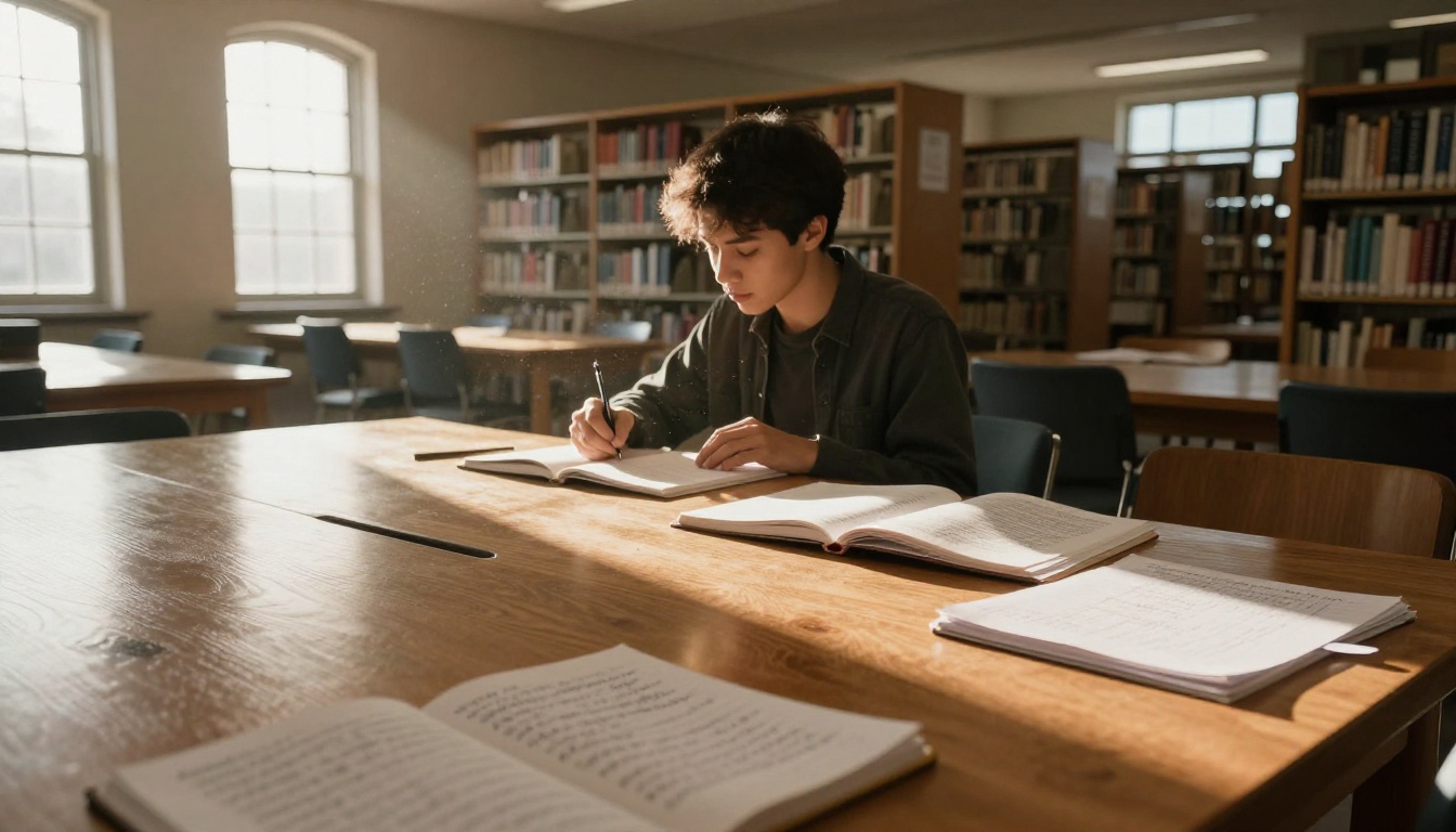 Student in a university library surrounded by handwritten notebooks in morning light