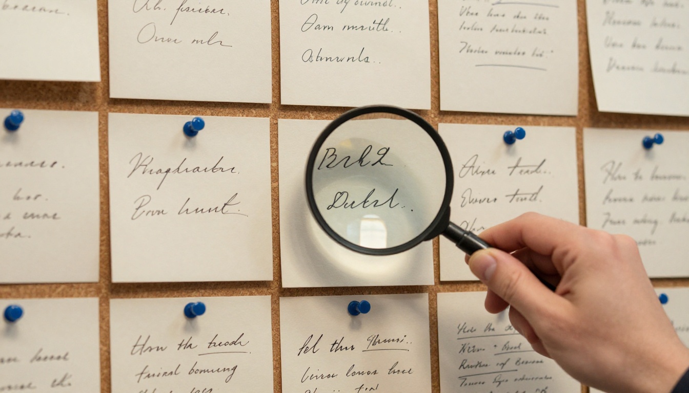 Researcher examining handwriting samples pinned to cork board with a magnifying glass