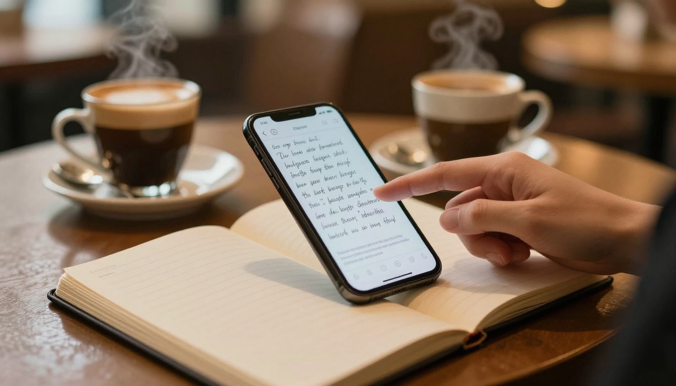 Woman holding smartphone over a handwritten notebook at a cafe, phone screen showing live preview