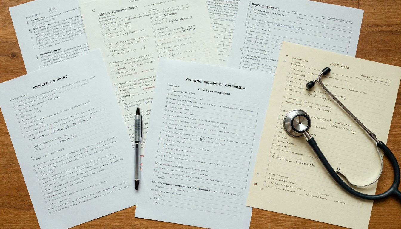 Overhead flat-lay of handwritten medical prescriptions and patient forms on a wooden desk