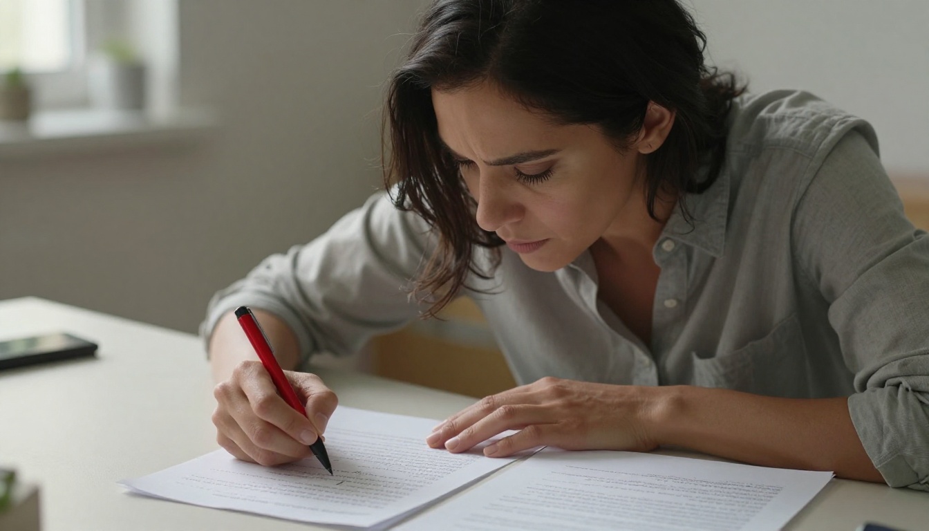 Woman reviewing printed OCR output beside original handwritten document at an office desk