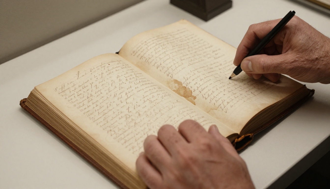 Historian's hands carefully turning pages of an antique leather-bound journal in a preservation room