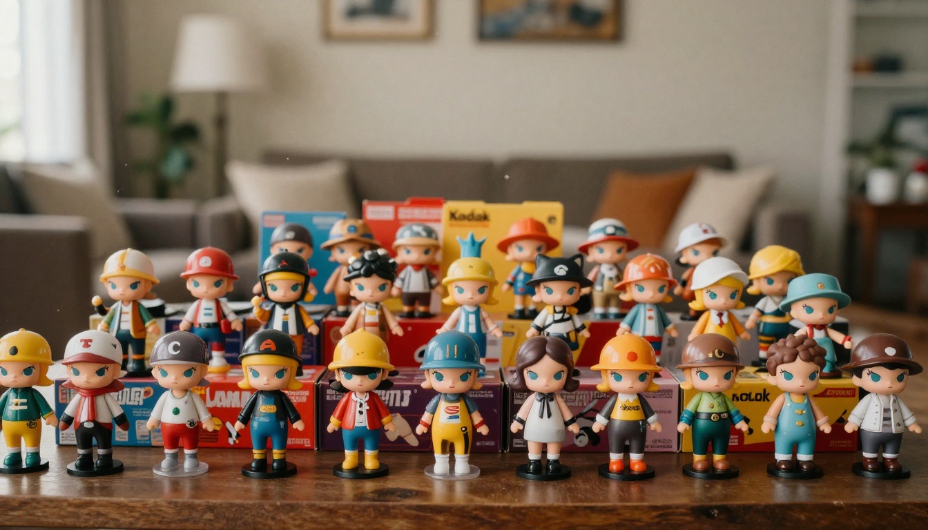 A collector's shelf densely packed with custom miniature figurines in retail packaging