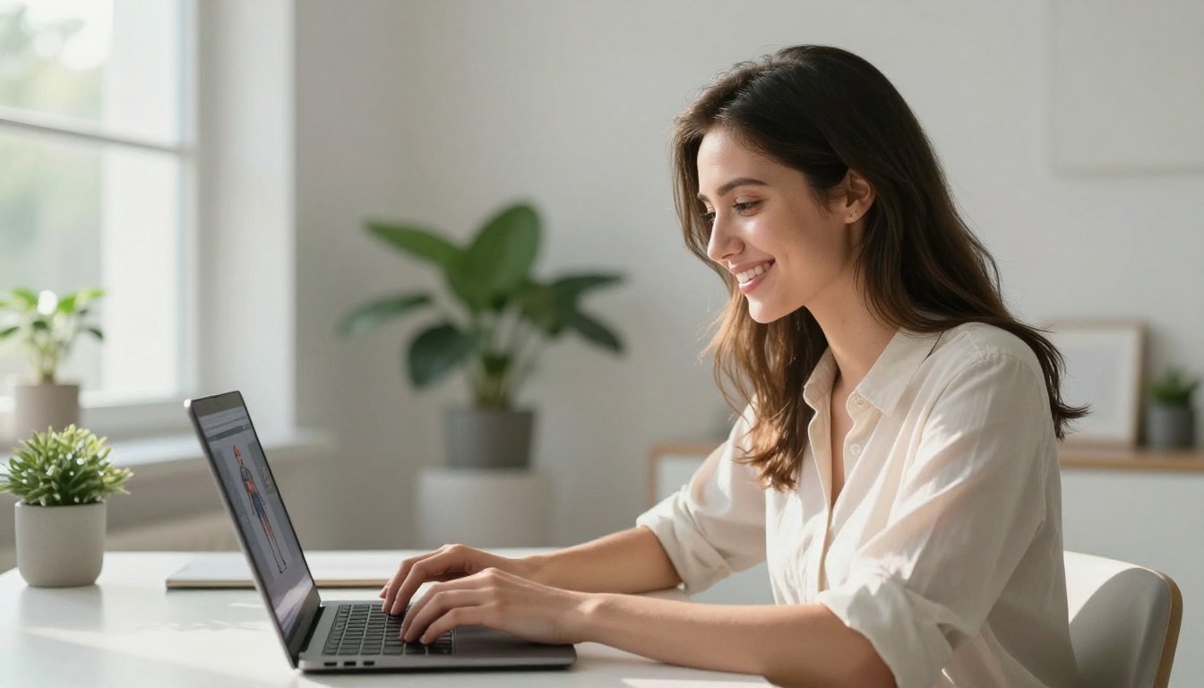 Woman creating an AI figurine on a laptop in a bright home office