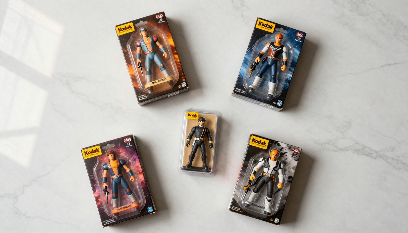 Five custom AI figurine boxes arranged artistically on a white marble surface