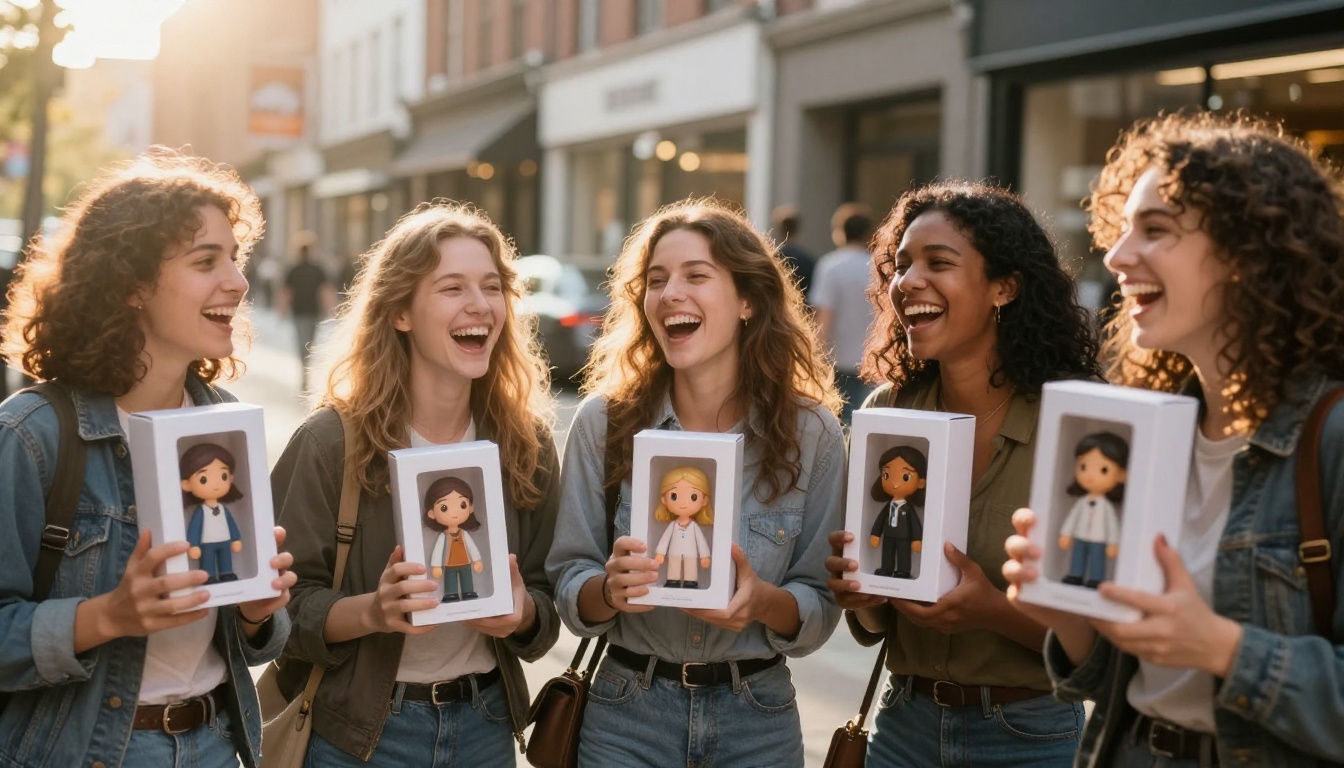 A diverse group of friends gathered outside each holding their custom AI figurine box