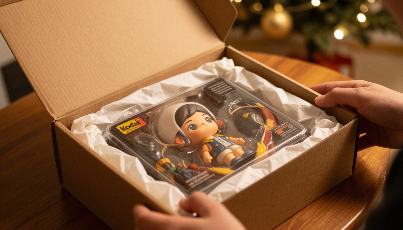 Open premium gift box revealing a custom AI figurine nestled in white tissue paper