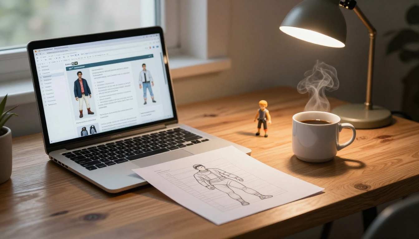 Wooden desk with laptop open to an AI generation interface beside a printed figurine design sheet