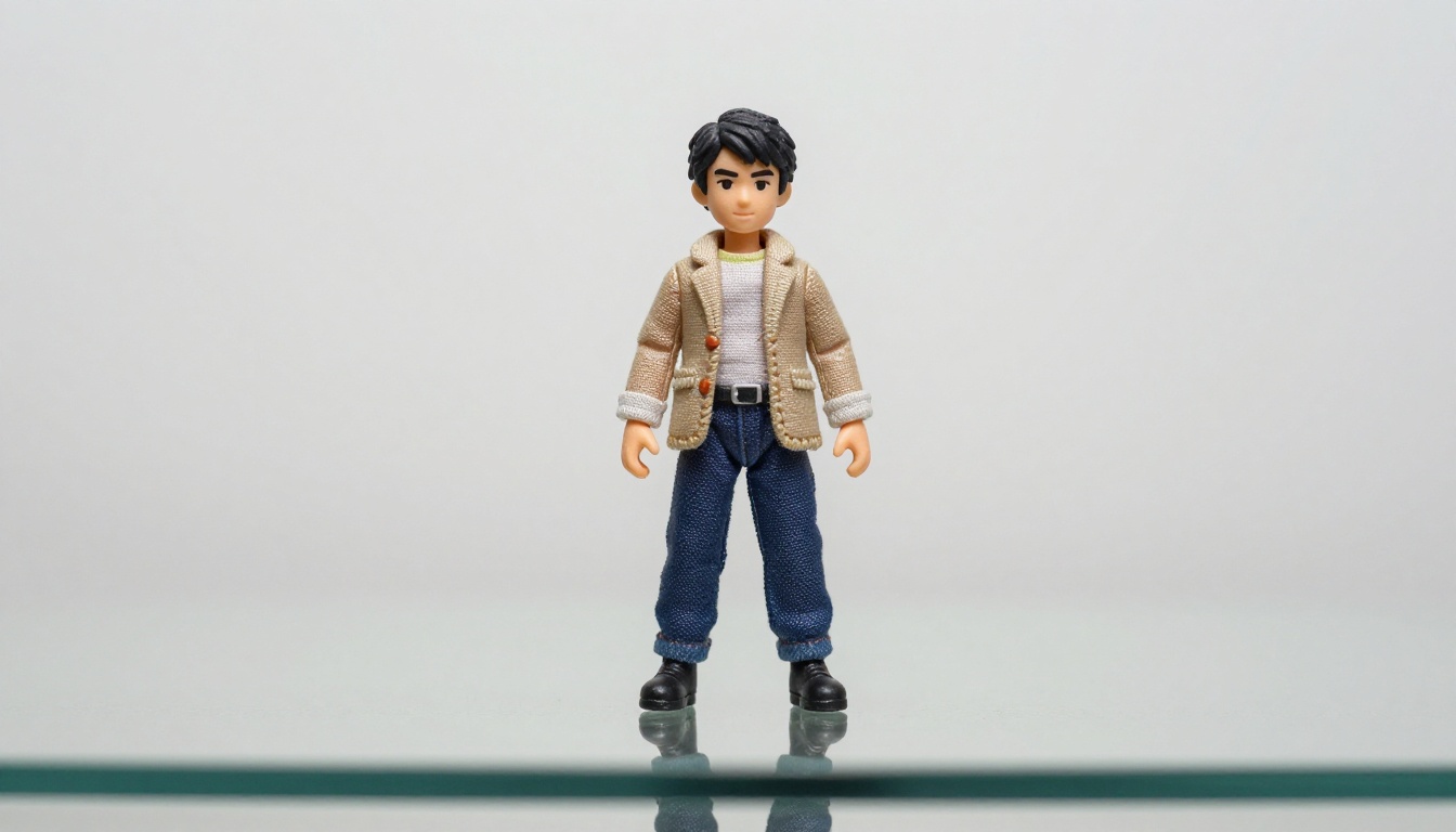 A single custom action figure standing on a glass surface in a professional photo studio