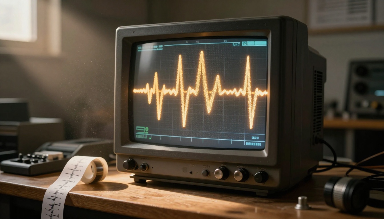 Voice waveform on vintage oscilloscope showing natural speech patterns in an audio lab