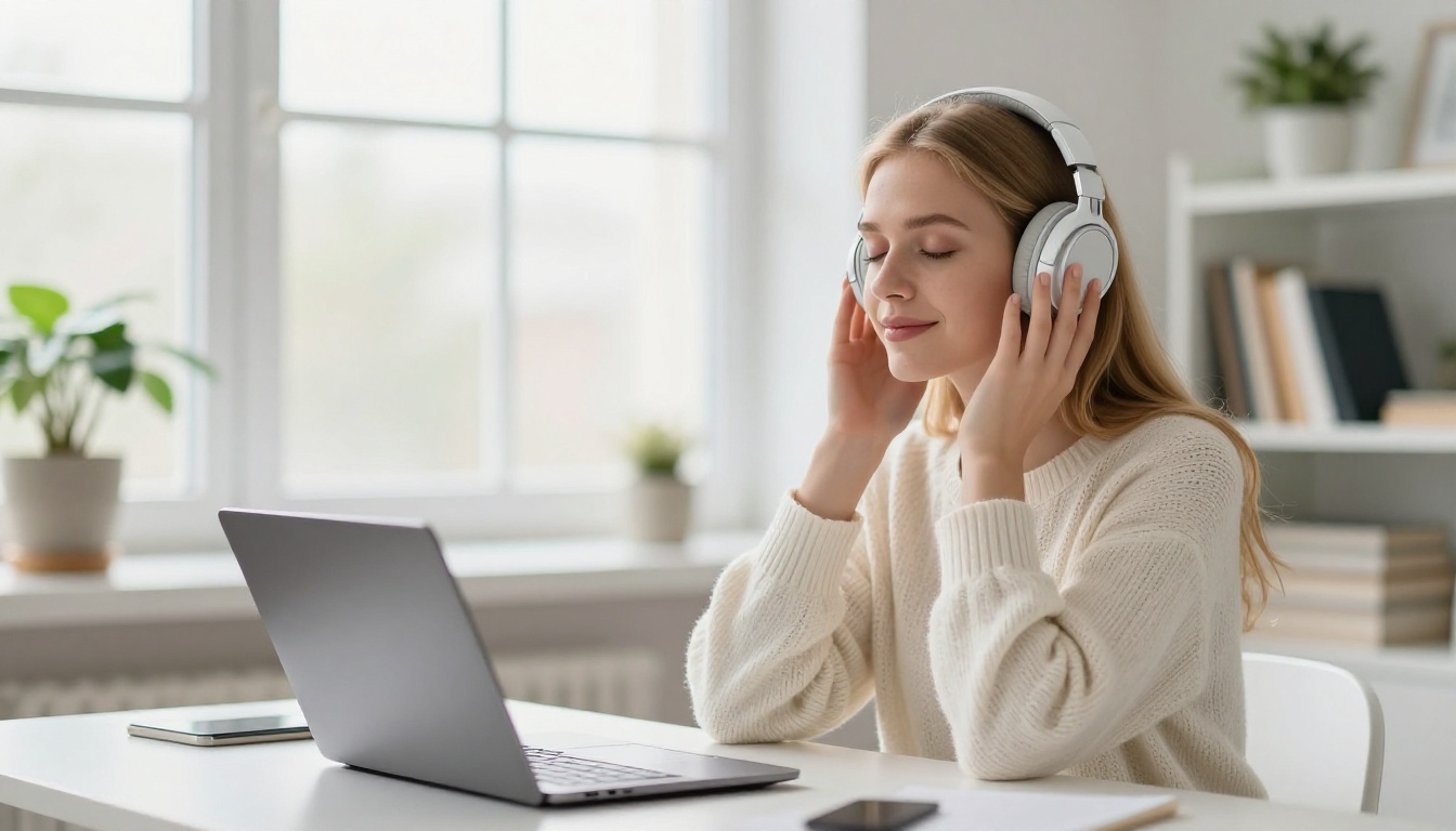 Young woman in Scandinavian apartment listening with headphones, eyes closed, slight smile on her lips