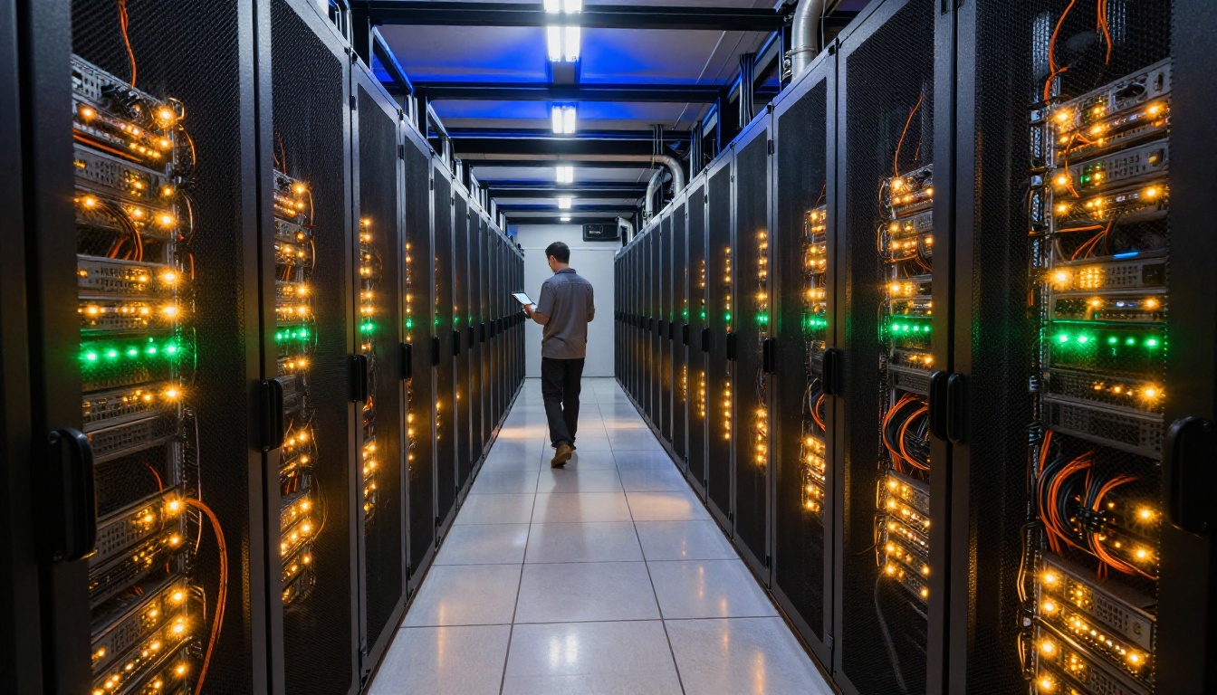 Massive server room corridor with rows of servers and lone technician walking the aisle