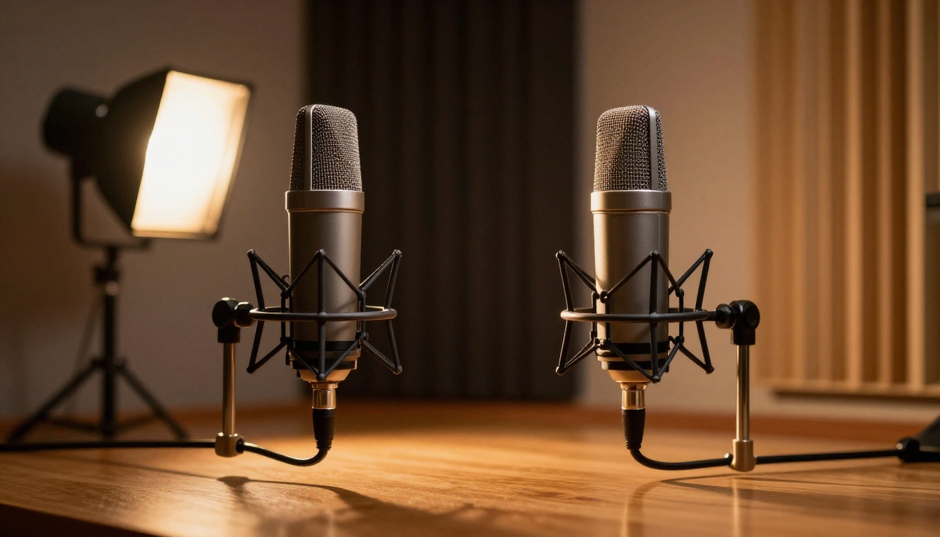 Two studio microphones facing each other on separate mic stands in a warmly lit recording studio