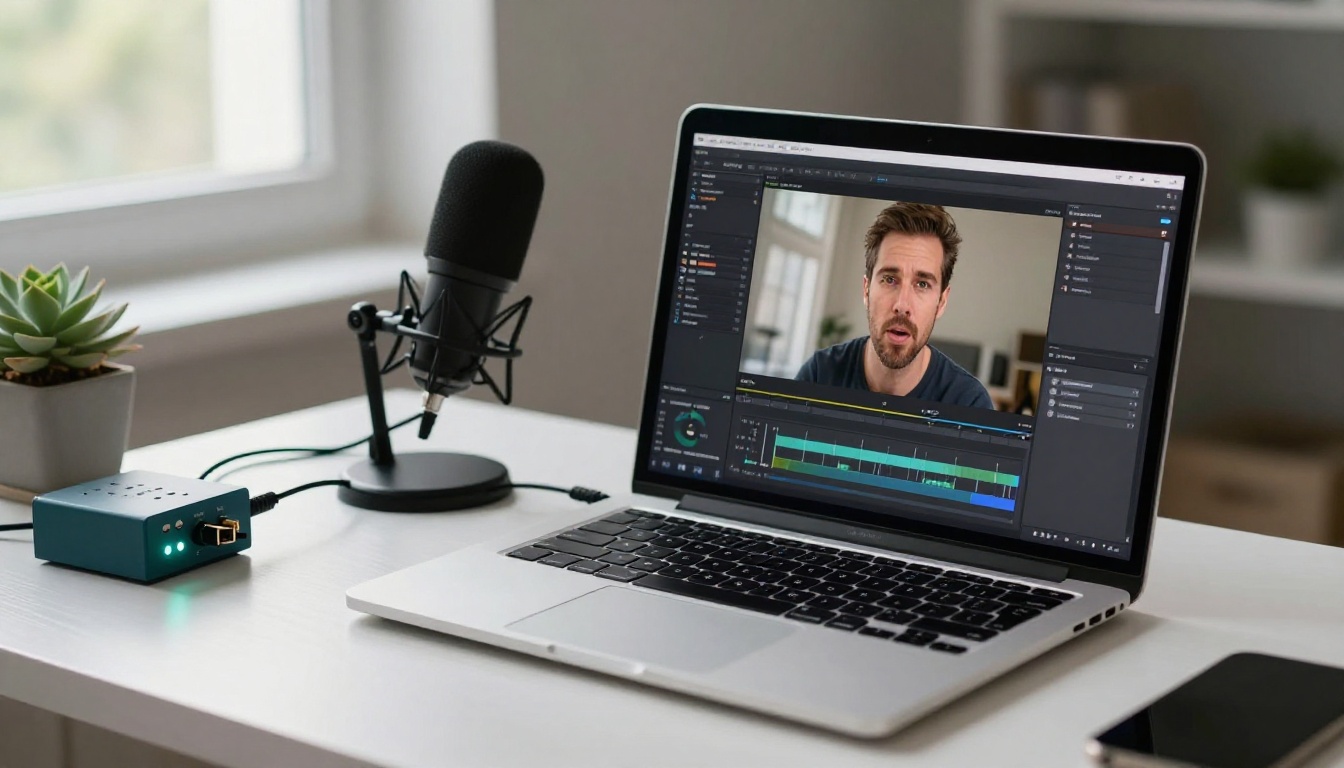 Laptop showing video editing interface with microphone and audio equipment
