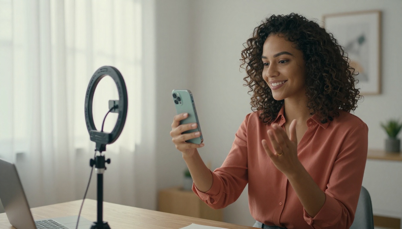 Young woman recording a talking head video at home with a ring light and smartphone