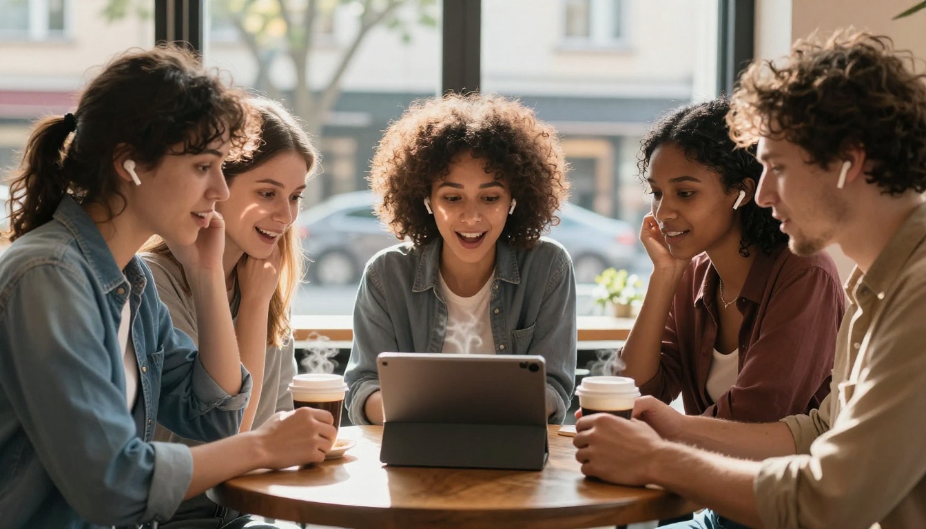 Diverse group of four people at a café table with earbuds, expressions of delight as they listen to a tablet