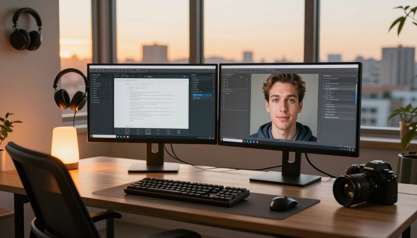 Content creator workstation at golden hour with dual monitors and AI interface