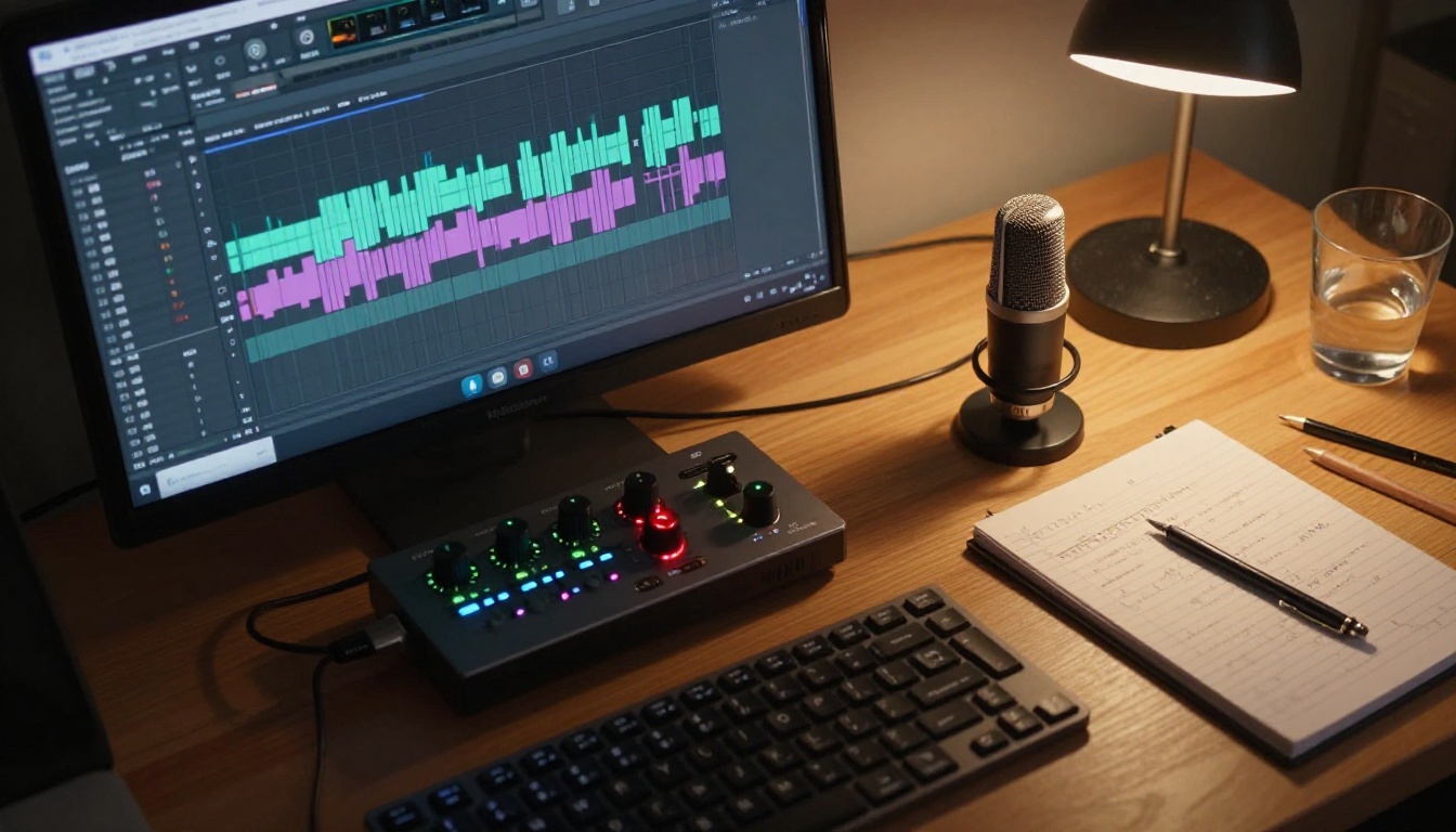 Close-up overhead view of a professional audio workstation with laptop, audio interface, microphone, and handwritten notes Close-up overhead view of a professional audio workstation with laptop, audio interface, microphone, and handwritten notes