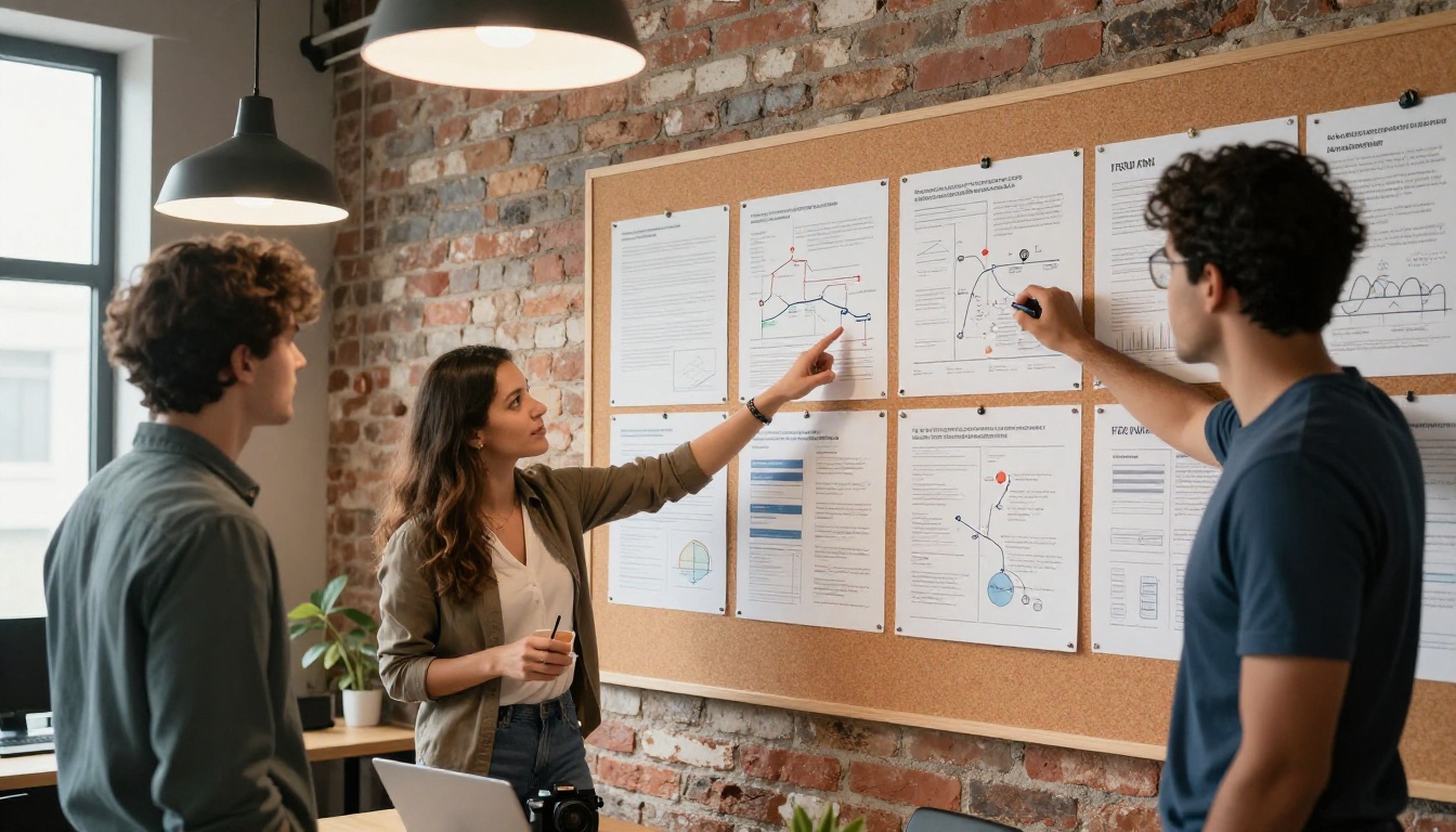 Professional team reviewing infographic layouts on corkboard