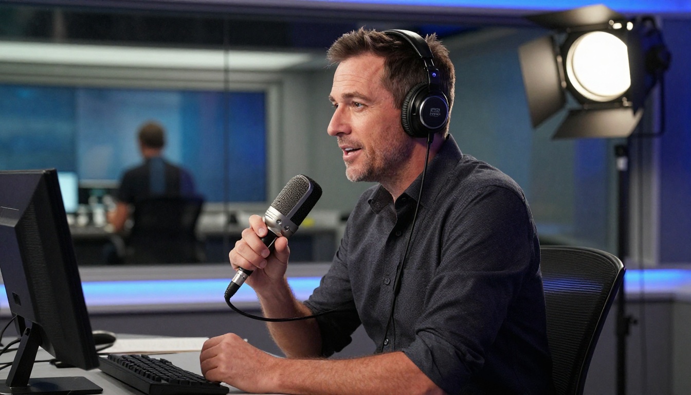 Male broadcast journalist at a professional radio studio desk speaking into a vintage microphone Male broadcast journalist at a professional radio studio desk speaking into a vintage microphone