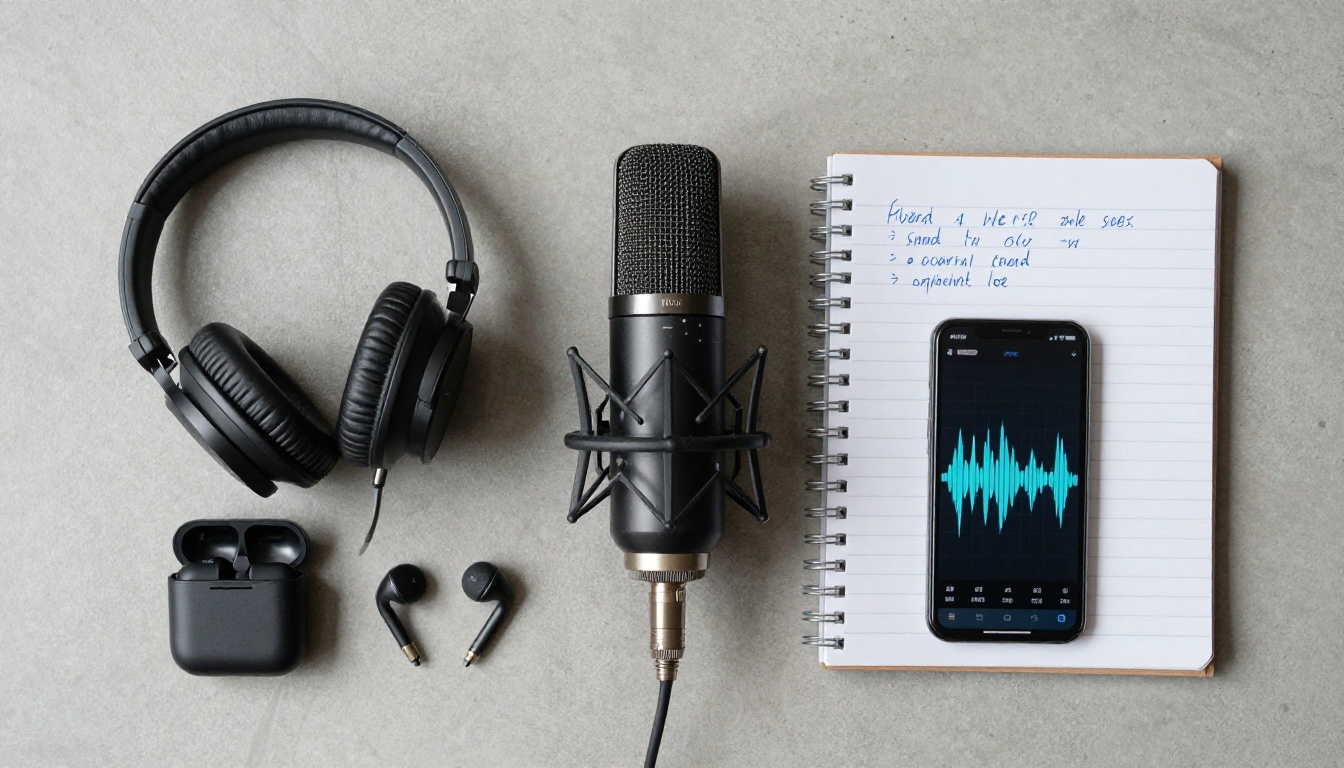 Aerial flat lay of audio recording equipment including microphone, headphones, and recorder