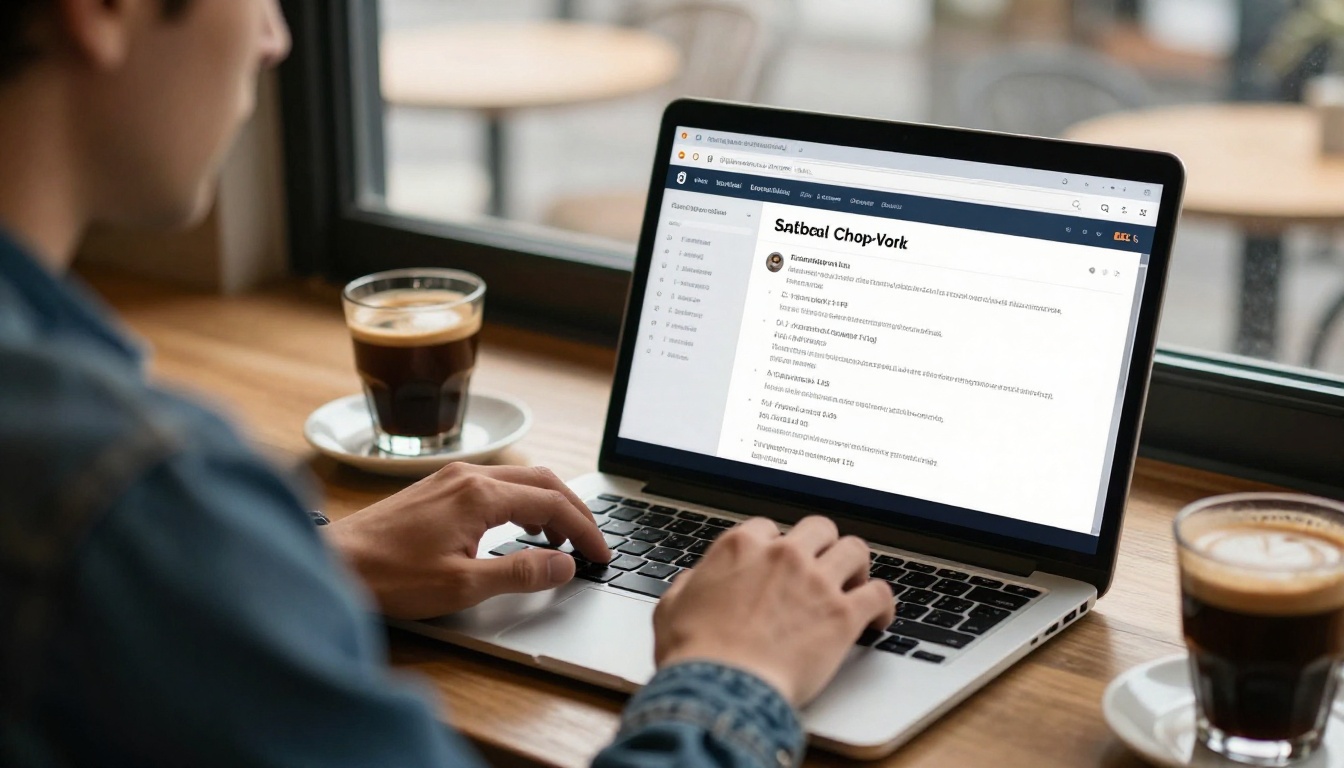 Man using laptop in cafe to work with AI chat interface