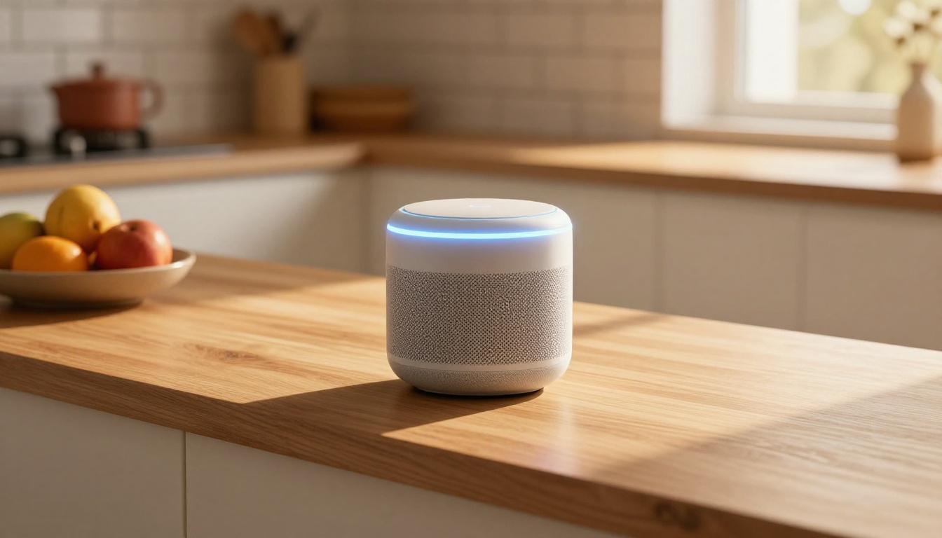 Cylindrical smart speaker on an oak kitchen counter with morning sunlight, coffee mug and fruit nearby Cylindrical smart speaker on an oak kitchen counter with morning sunlight, coffee mug and fruit nearby