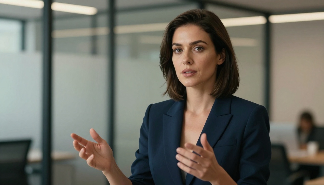 Woman presenting in navy blazer with confident gesture in a modern office