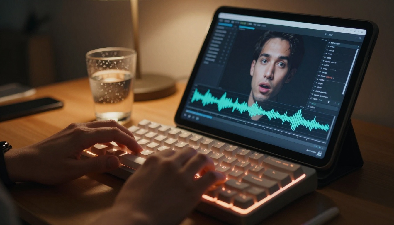 Hands typing on keyboard with tablet showing AI talking head and audio waveform