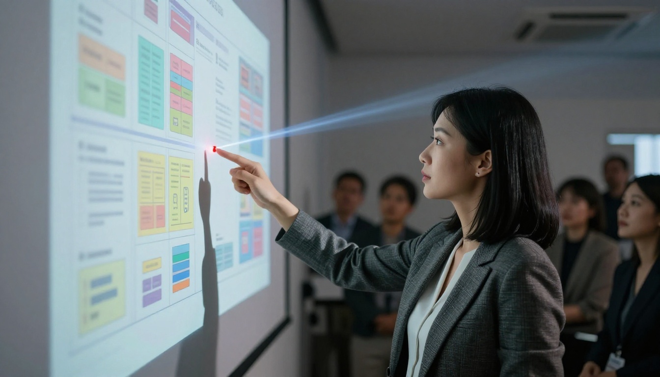 Woman presenting infographic projection to conference room audience