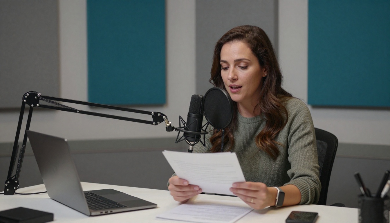Professional female podcast host at a standing desk in her home studio speaking into a broadcast microphone Professional female podcast host at a standing desk in her home studio speaking into a broadcast microphone