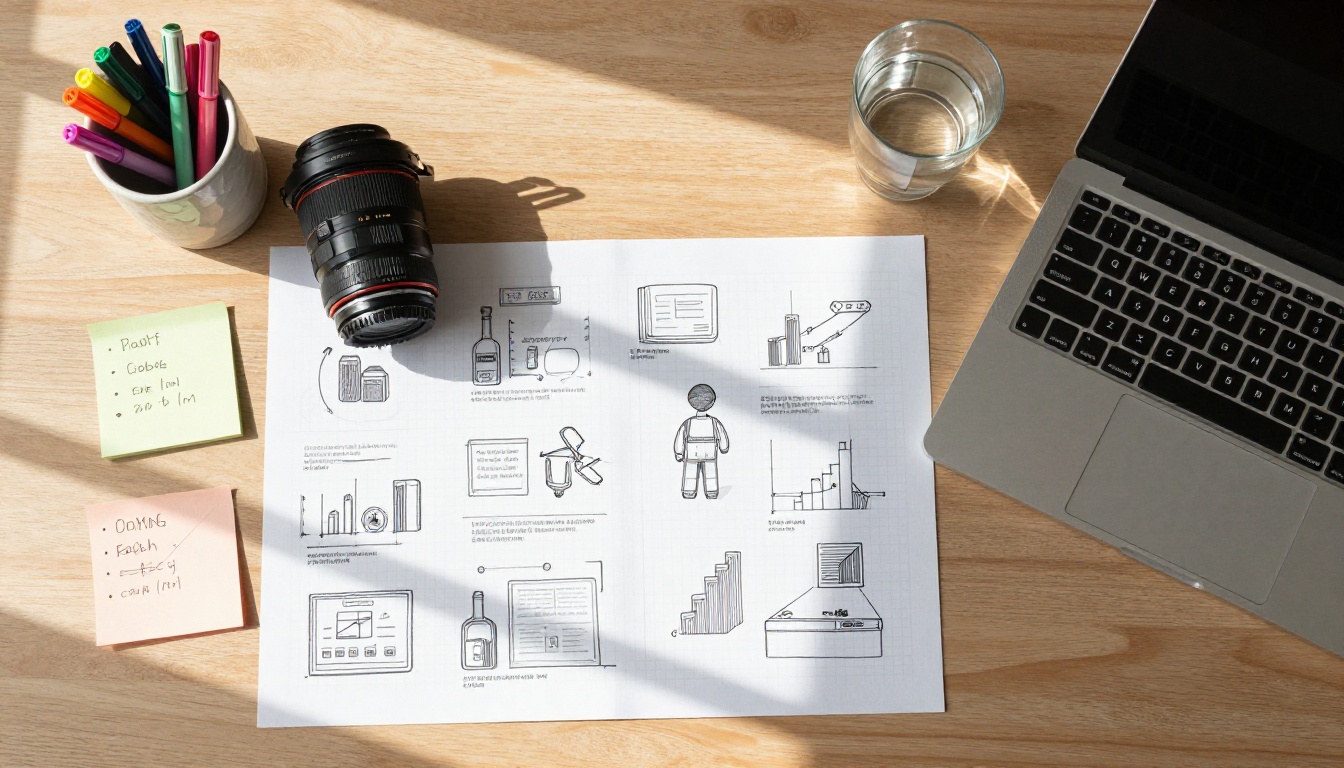 Designer's flat lay workspace with infographic sketches and laptop