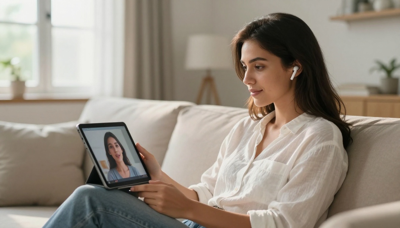 Woman on sofa watching a talking head AI avatar on a tablet, natural morning light