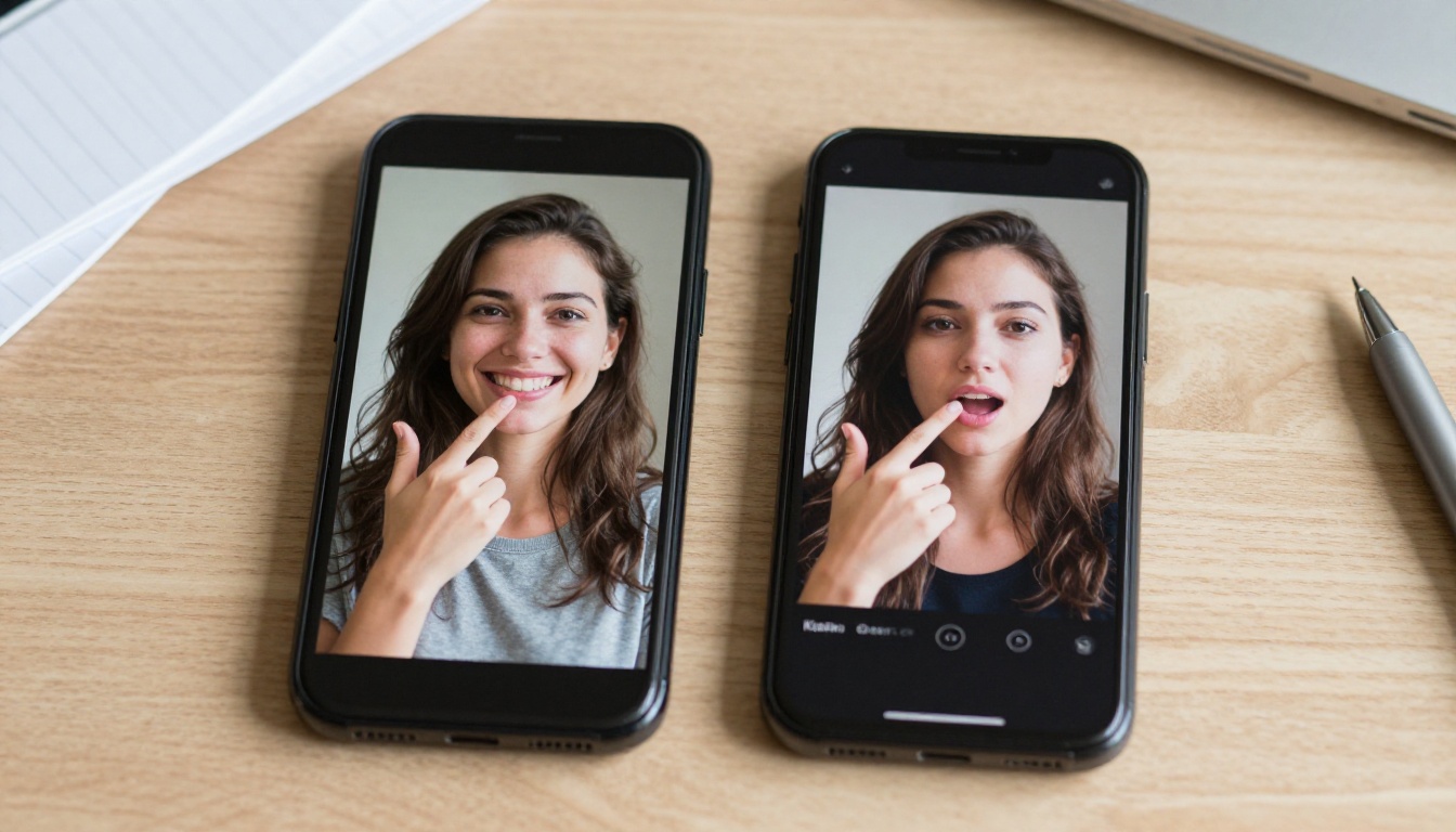 Two smartphones side by side comparing a real photo to an AI talking avatar version