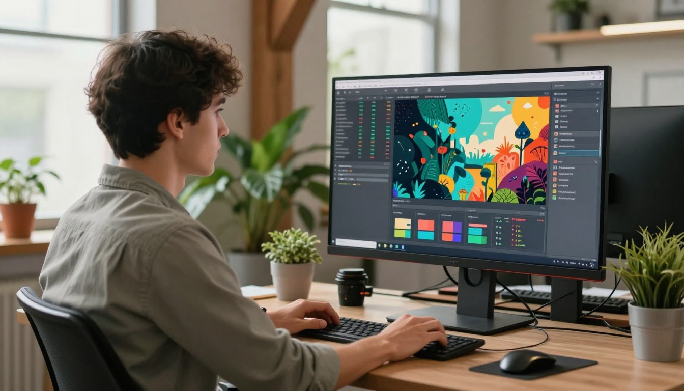 Young man at standing desk comparing raw data and finished infographic