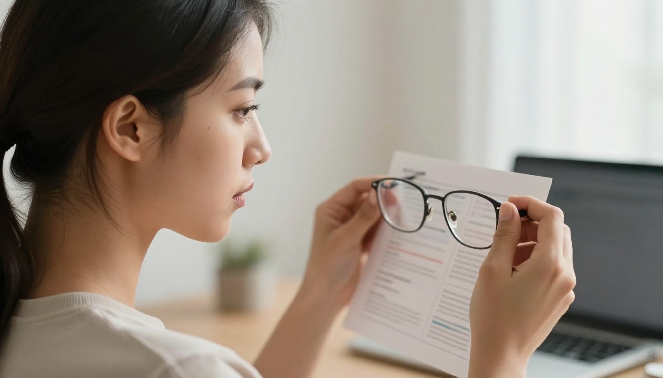 Woman reading printed infographic with concentration, natural window light