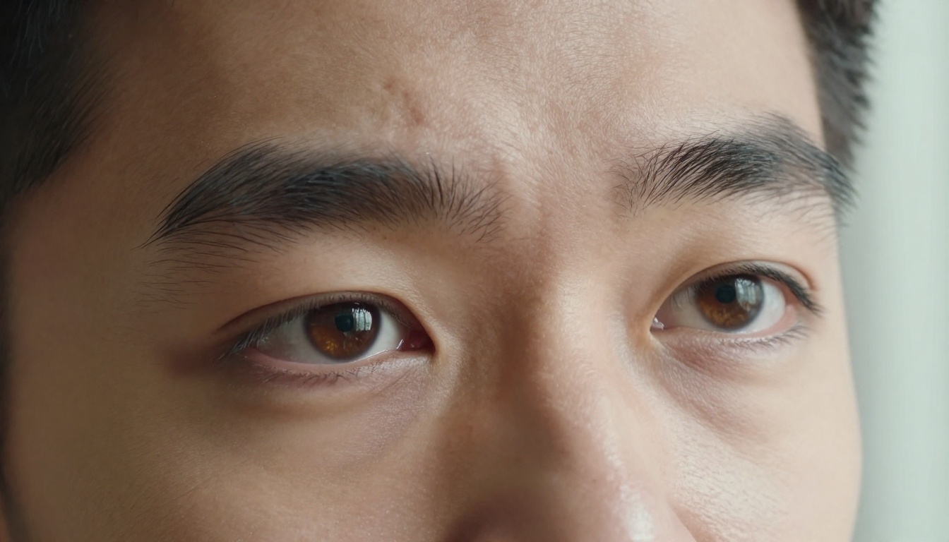 Low-angle close-up of a young man's eyes and brow region showing deep concentration, slight brow furrow, amber-flecked brown eyes with natural skin texture in soft directional light