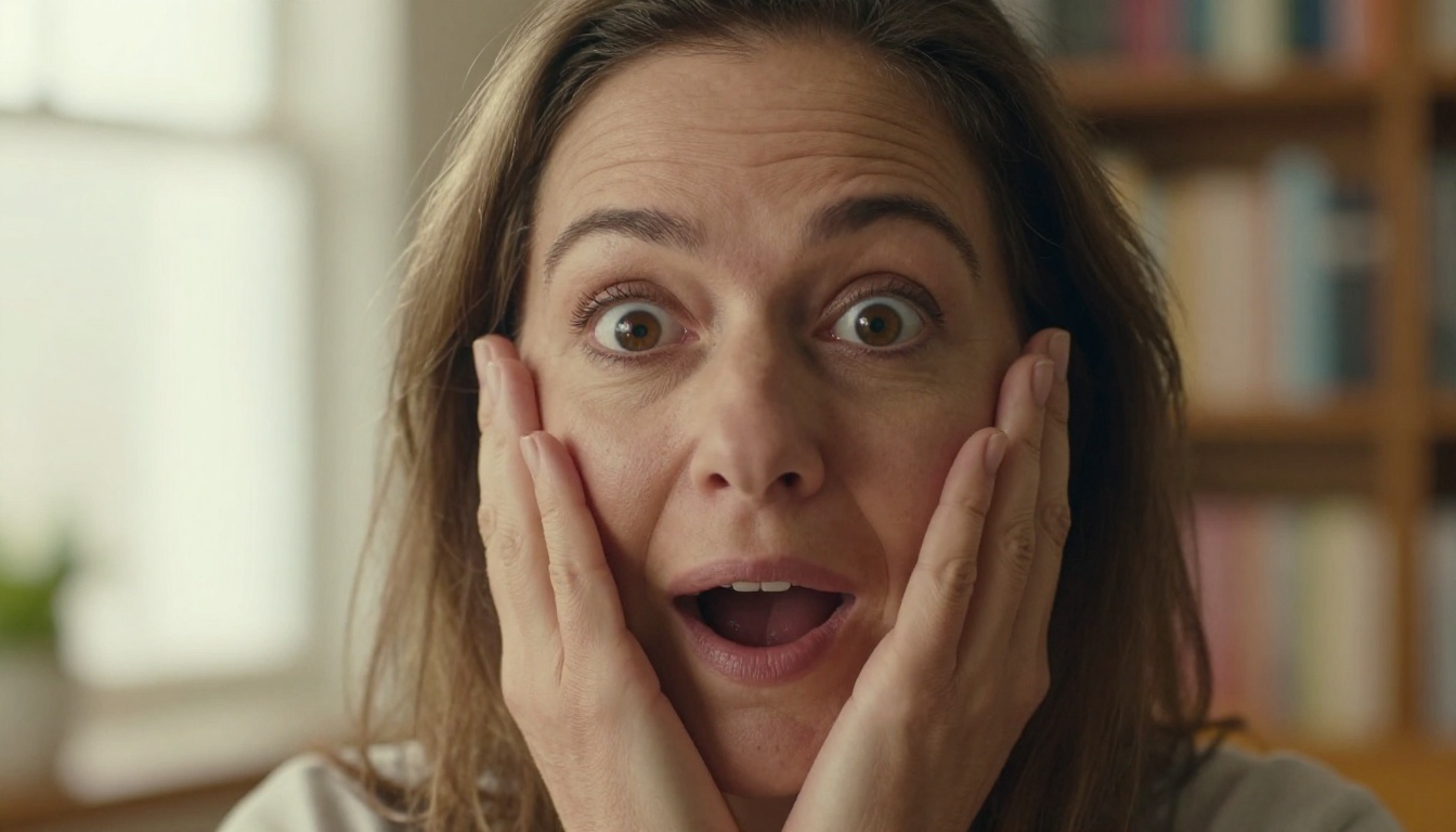 Medium close-up of a middle-aged woman showing surprise and delight, eyebrows raised creating forehead lines, wide brown eyes with bright catchlights, warm indoor window light