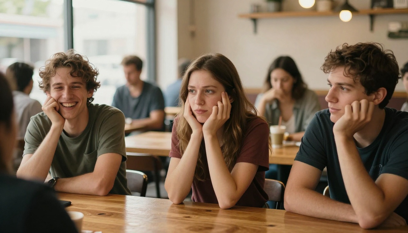 A diverse group of people in a bright cafe showing authentic emotional expressions including laughter, thoughtful listening, and mild skepticism, captured candidly in warm natural light