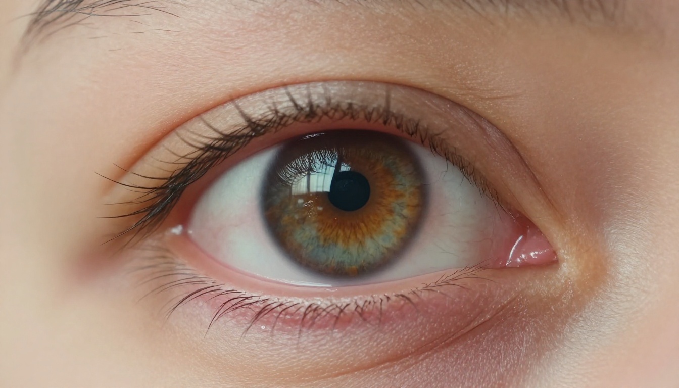 Extreme macro close-up of a human eye with tears forming at the inner corner, detailed iris patterns in amber and green, fine eyelash detail, subtle sadness in the orbicularis oculi tension