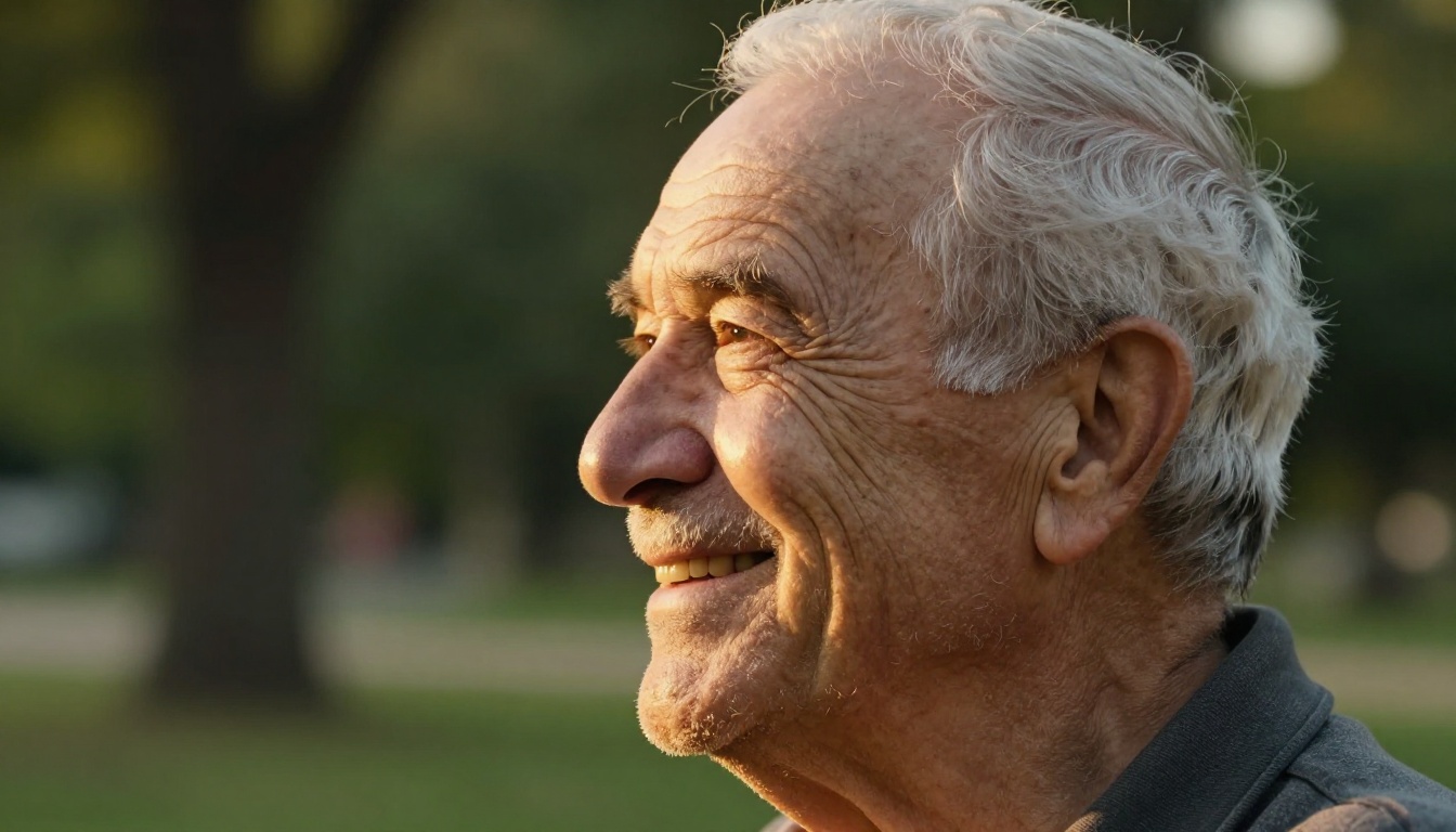 Side profile of an elderly man with a warm deep genuine smile, crow's feet etched at eye corners, white stubble catching golden rim light, warm afternoon park setting with blurred green background