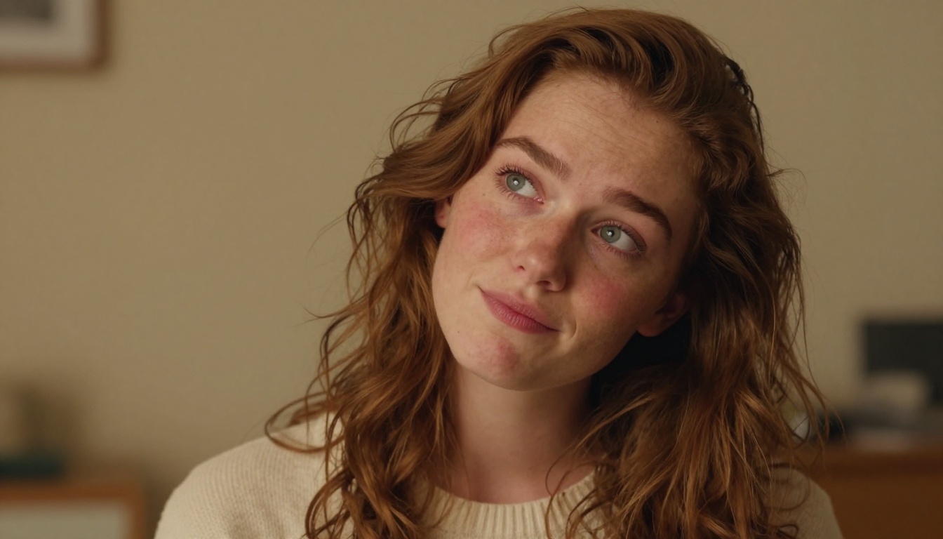Three-quarter angle portrait of a young woman with a complex expression mixing curiosity and amusement, one eyebrow raised higher than the other, lips pressed into a restrained half-smile, auburn hair, freckled fair skin